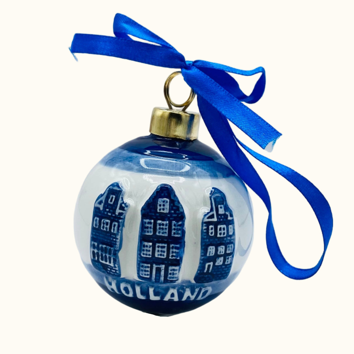 Boule de Noël MX Maisons d'Amsterdam Delft Bleu/Or 8 cm Céramique