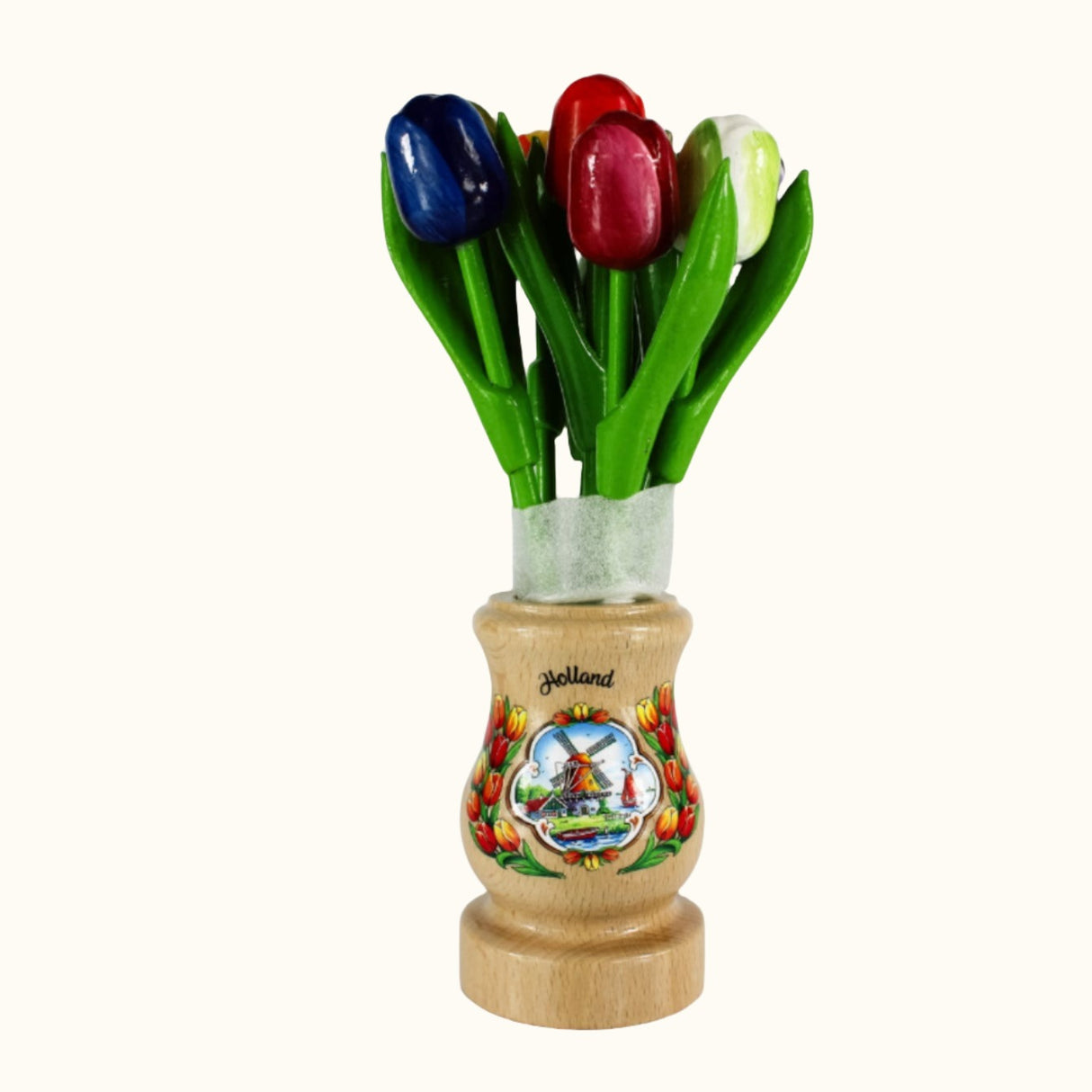 Bouquet de 9 tulipes, petit format, dans un vase en bois verni de 23 cm, épicerie hollandaise