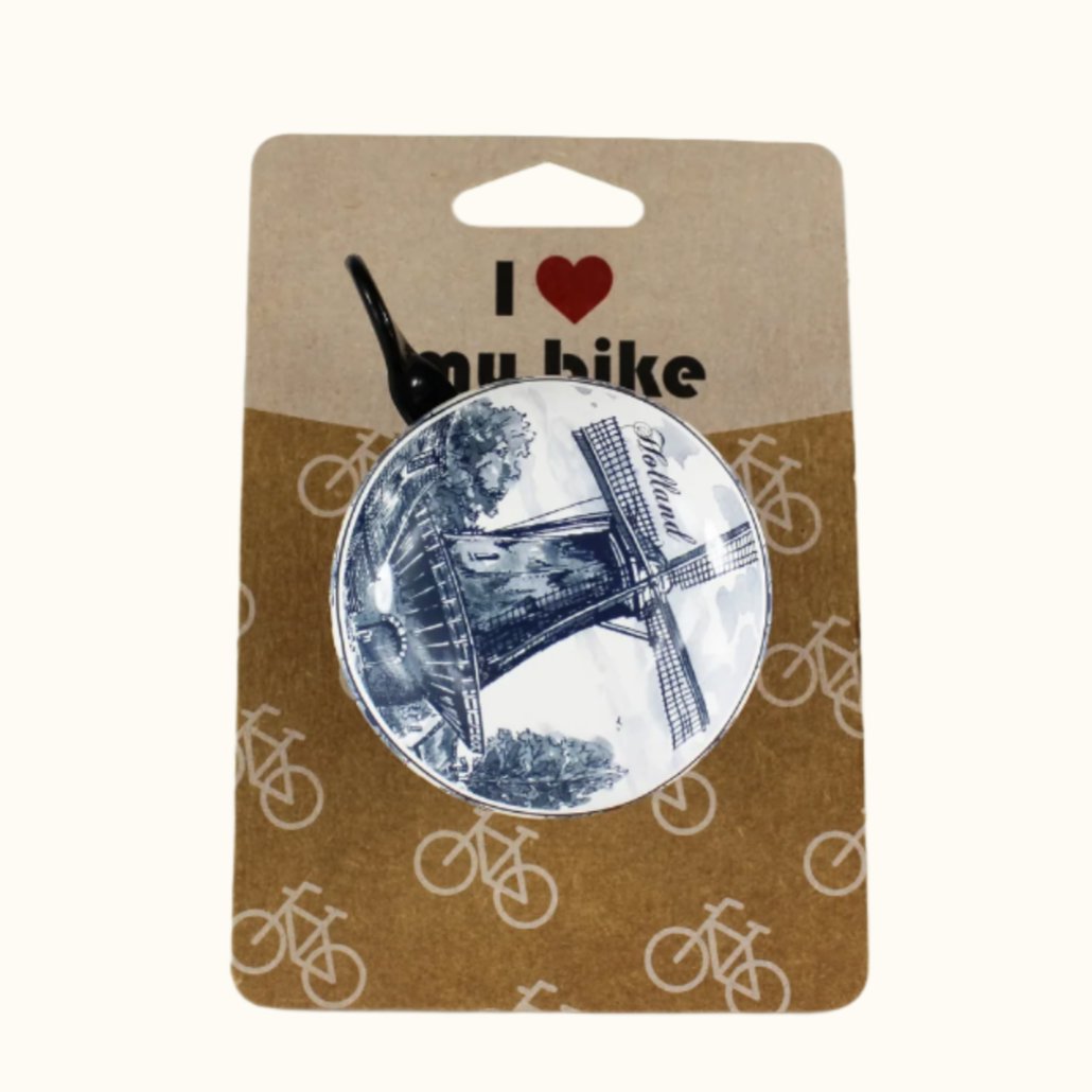 Metalen fietsbel Hollandse windmolen Delfts blauw