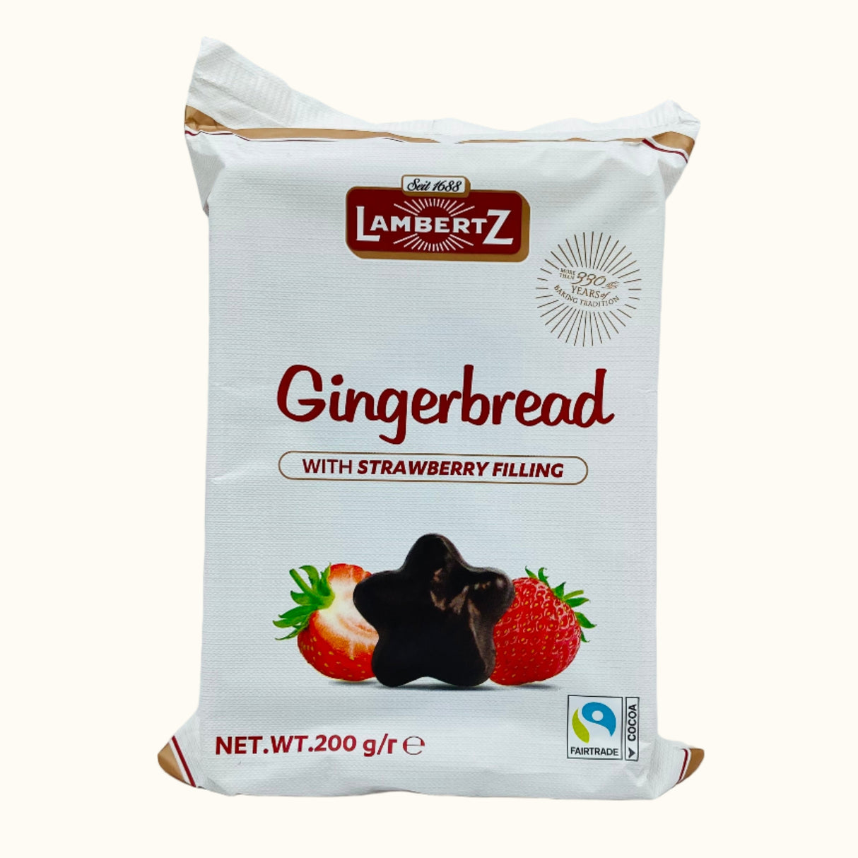 Lambertz peperkoek met aardbeienvulling in chocolade 200 g