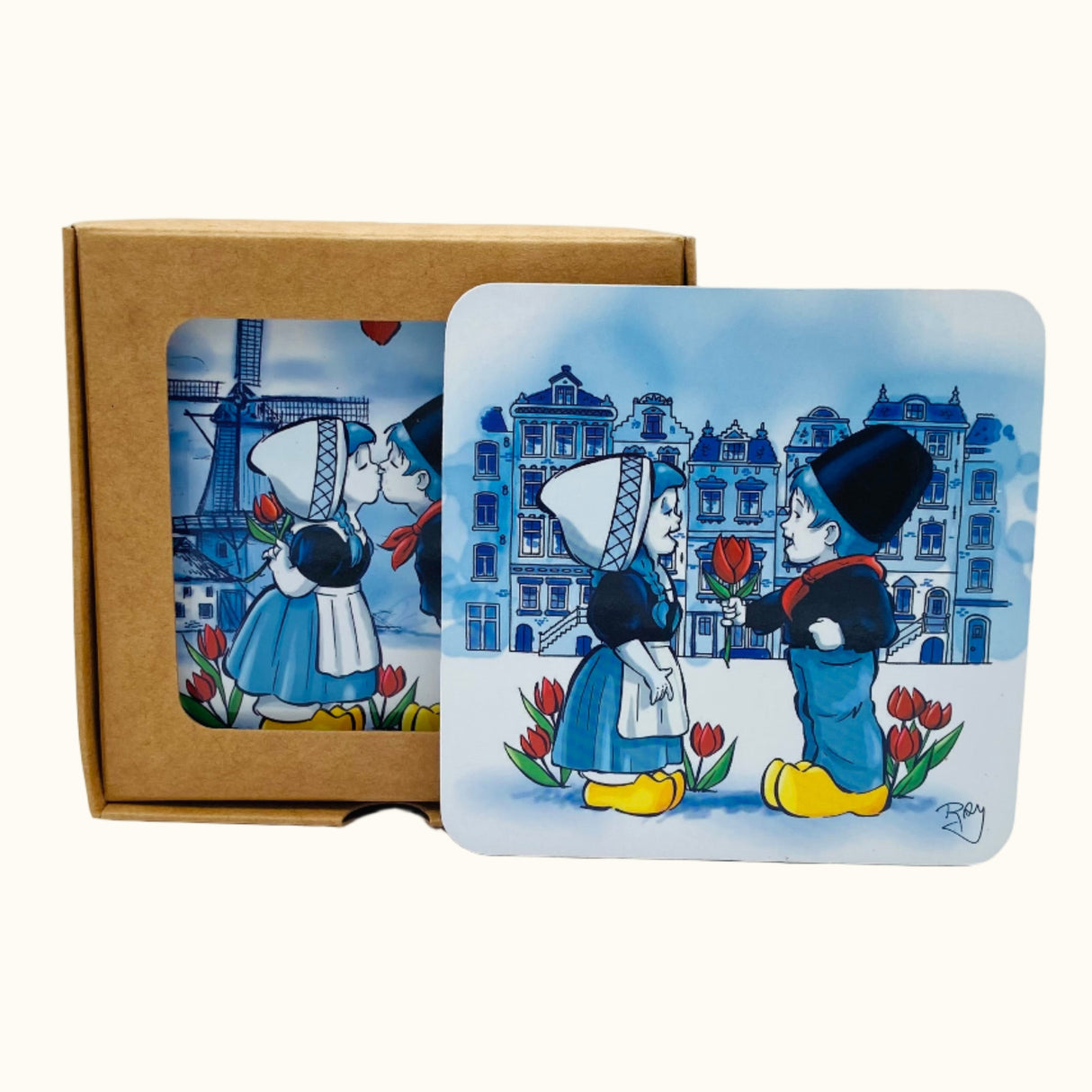 Boîte à sous-verres – Couple qui s'embrasse (Hollande) (Boîte artisanale)
