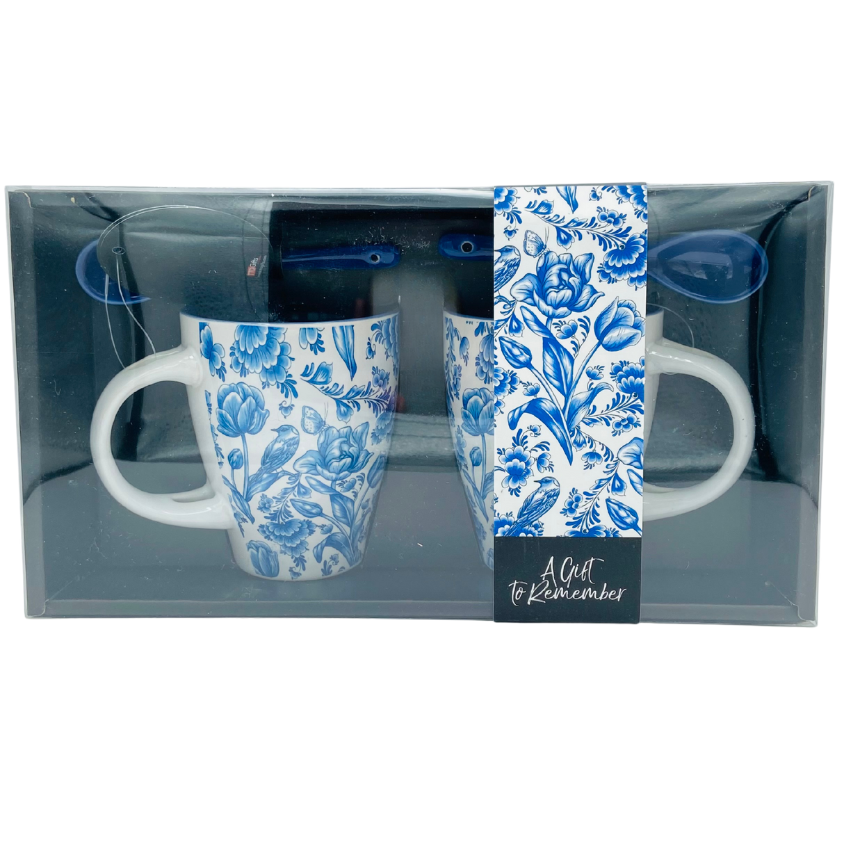 Ensemble de 2 tasses avec cuillère, motif tulipes, bleu de Delft
