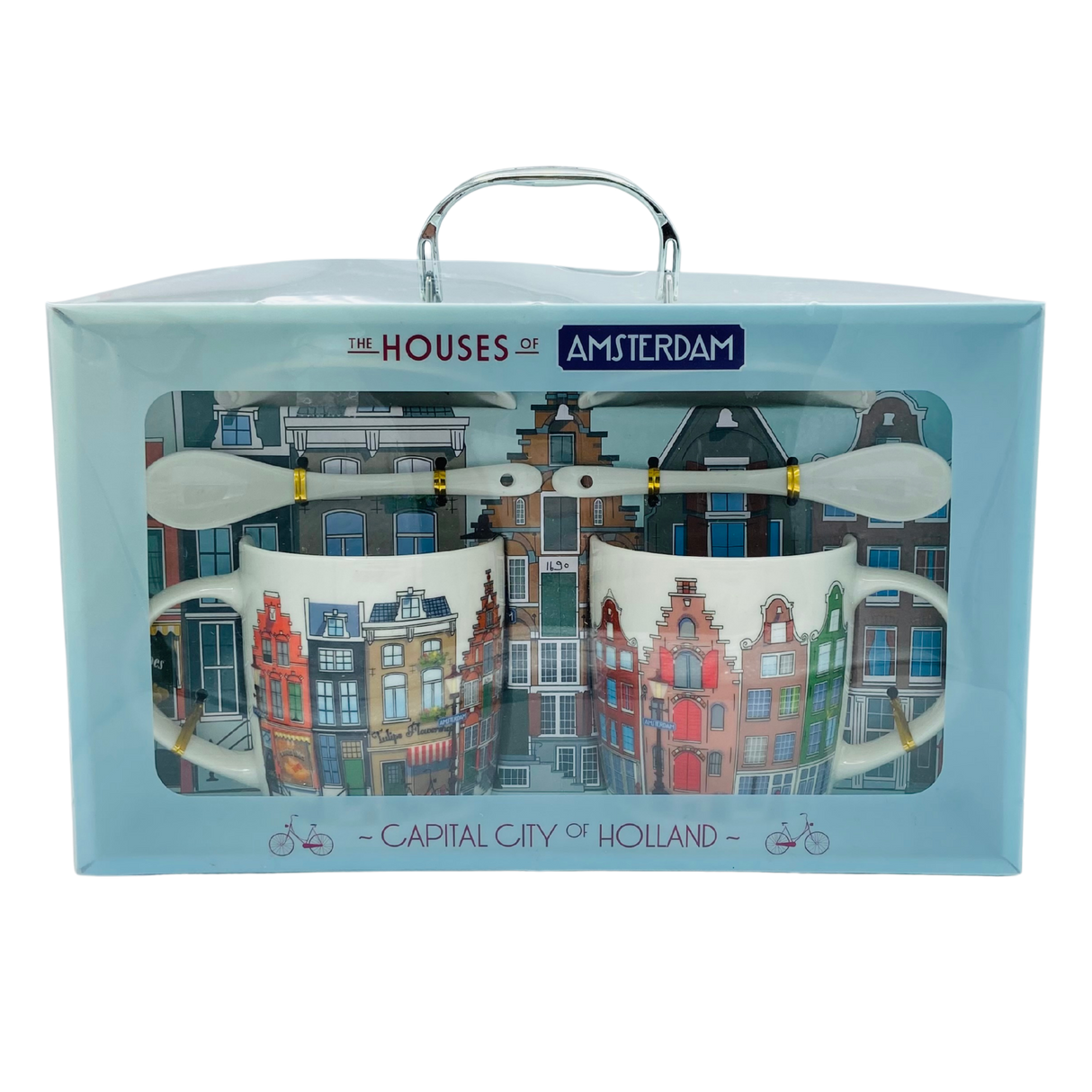 Cadeauverpakking met 2 mokken en schotels in de vorm van huisjes.