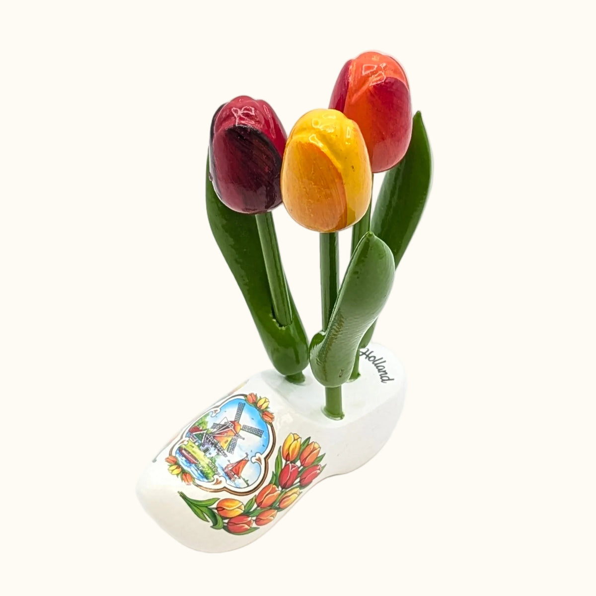 Wooden Clog White 3 Tulips 10cm