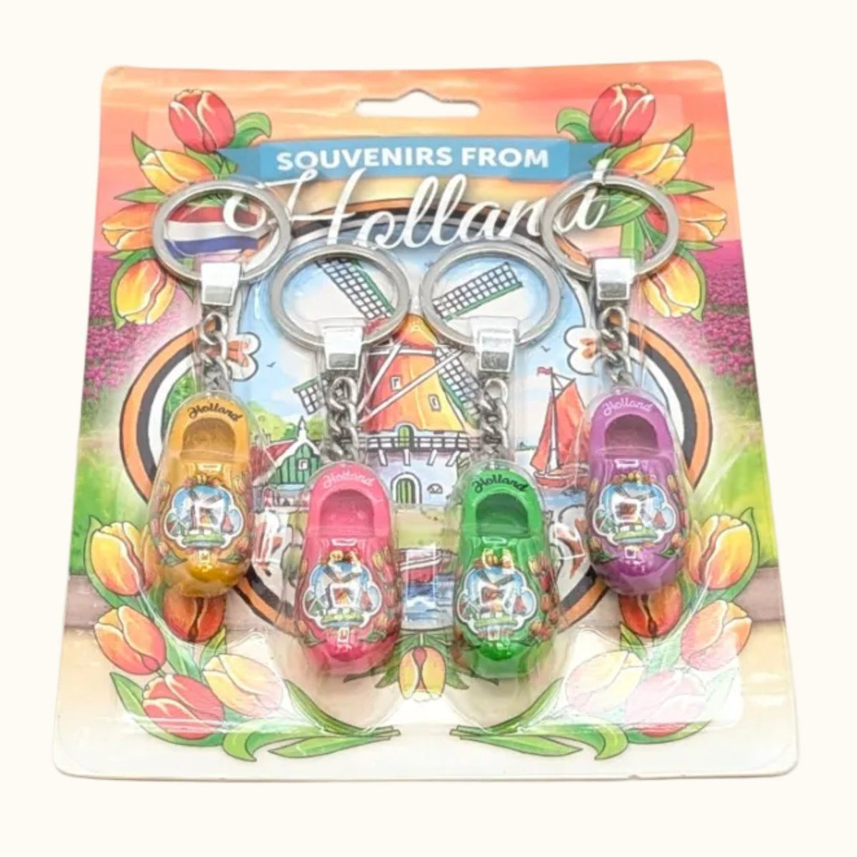 Dutch Groceries Four Single Wooden Shoes Key Chains (Yellow, Pink, Lime, Purple) 4cm