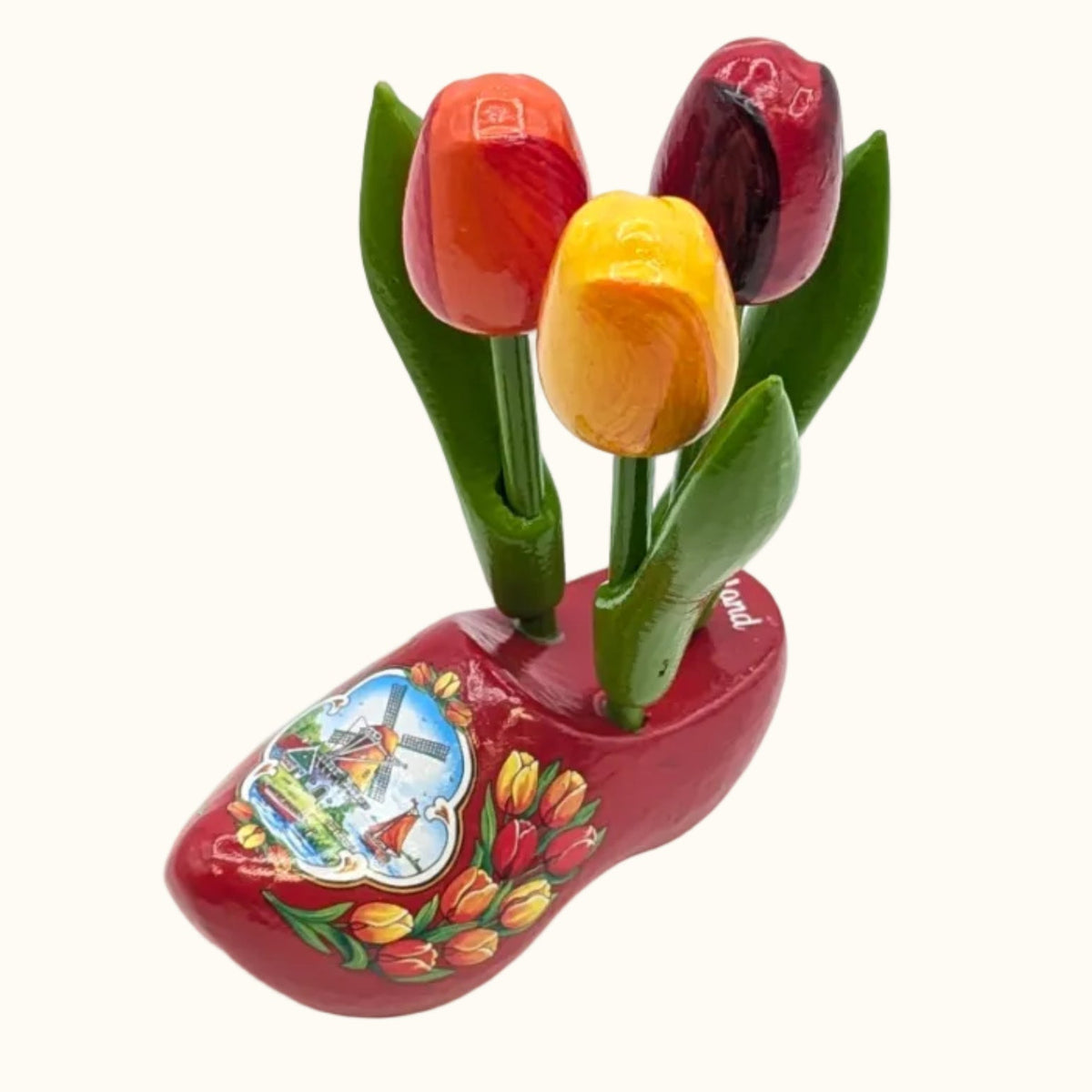 Sabot en bois rouge 3 tulipes 10 cm