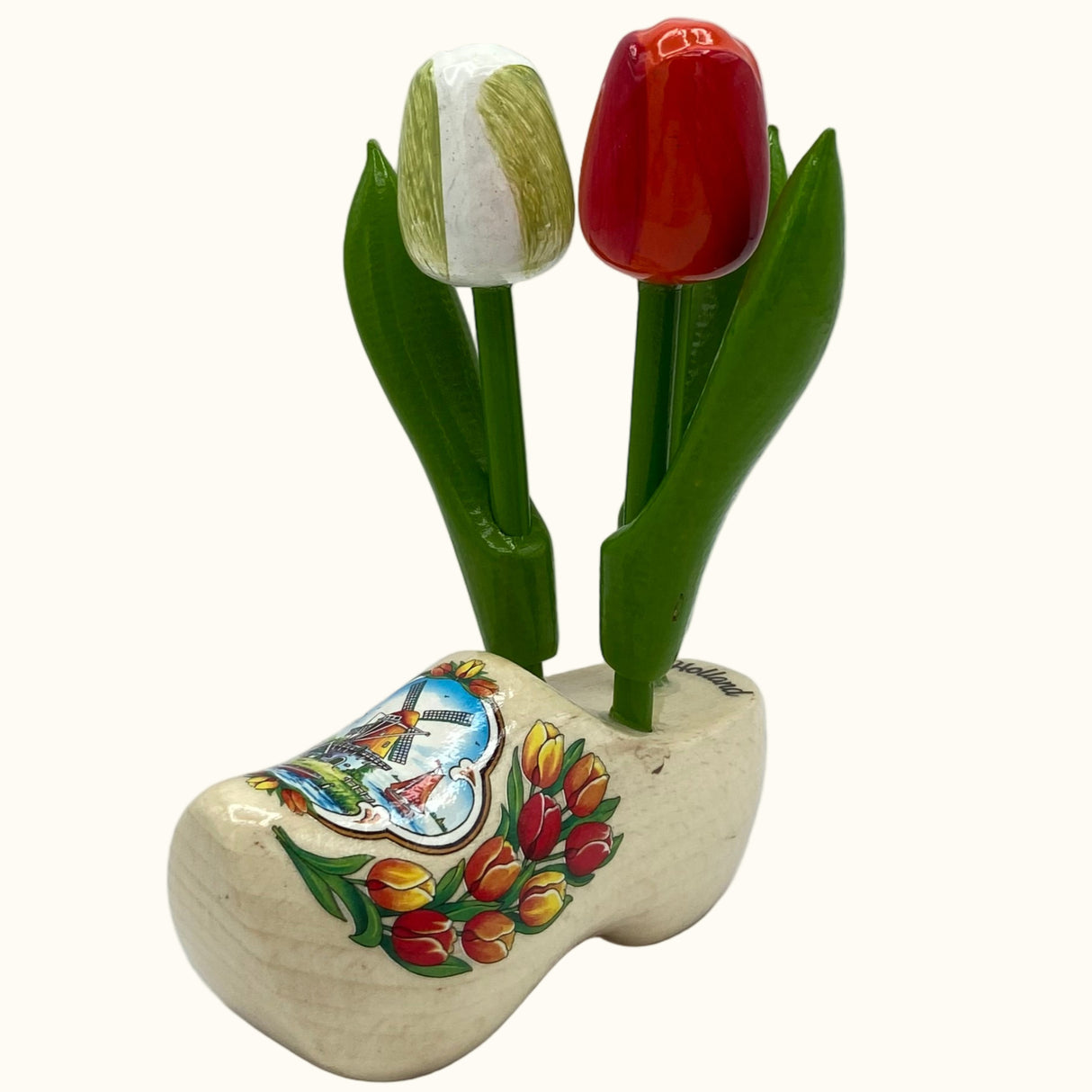 Houten klomp, gelakt, met 3 tulpen (10 cm)