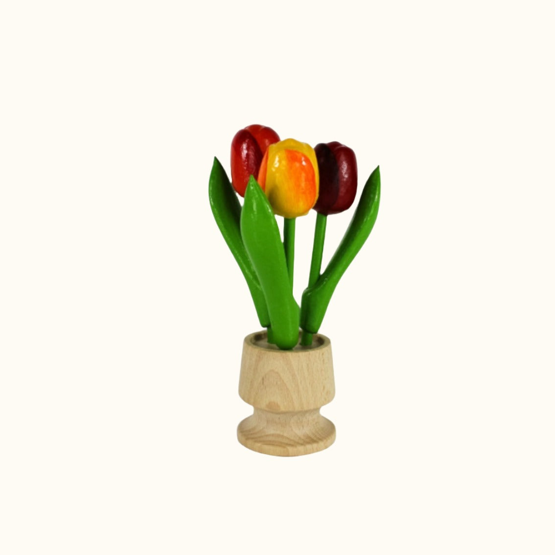 Hollandse Boodschappen 3 kleine tulpen in houten potje (rood geel oranje)