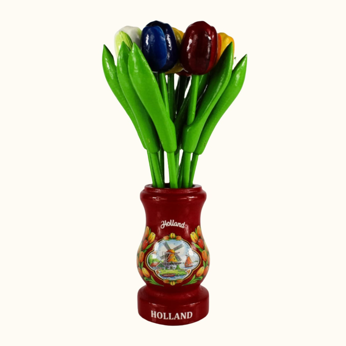 Bouquet de 9 petites tulipes rouges dans un vase en bois, issu de l'épicerie néerlandaise