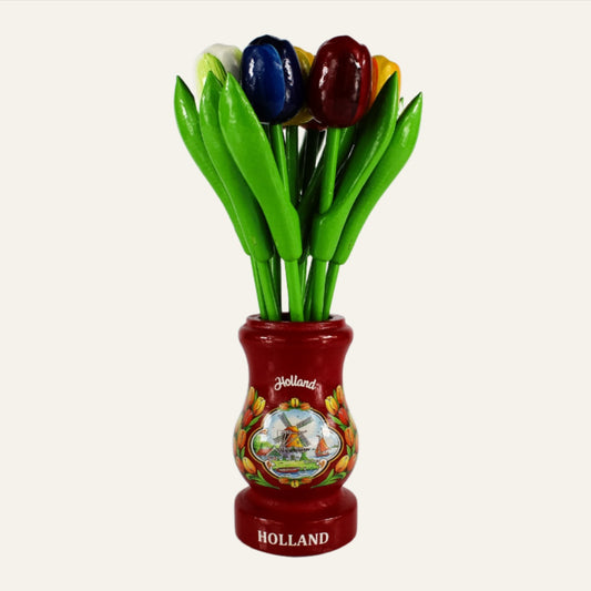 Dutch Groceries 9 Tulip Bouquet Small in Wooden Vase Red