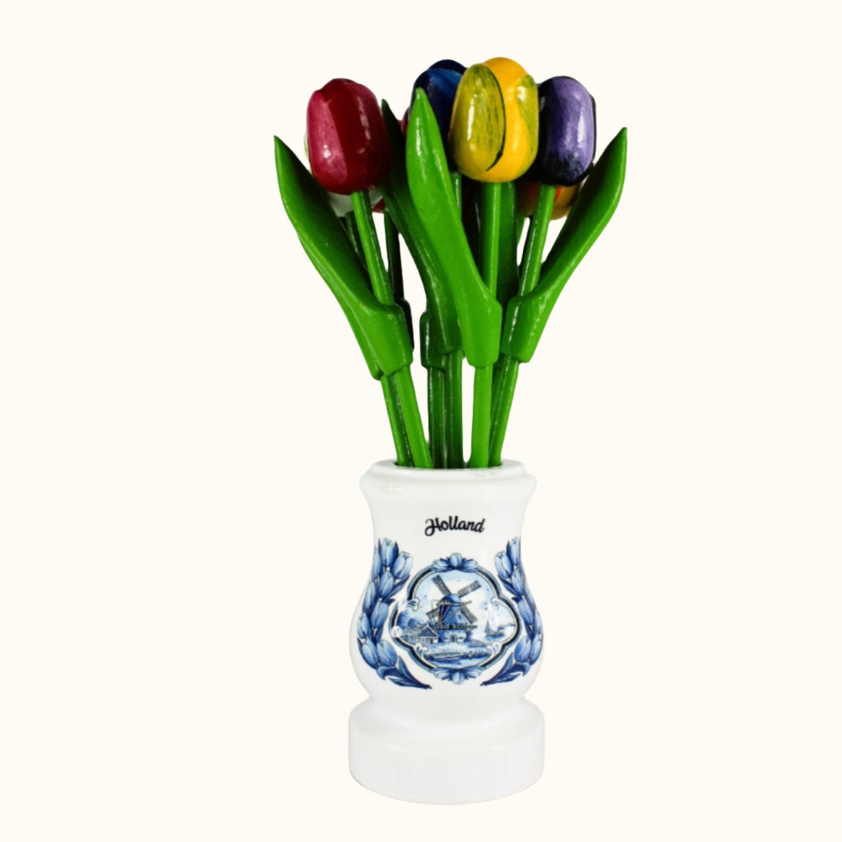 Boeket van 9 kleine tulpen in een houten vaas van Delfts blauw (23 cm)