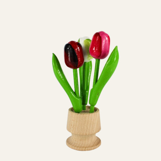 Dutch Groceries 3 Small tulips in Wooden Jar (Aubergine, White, Purple)