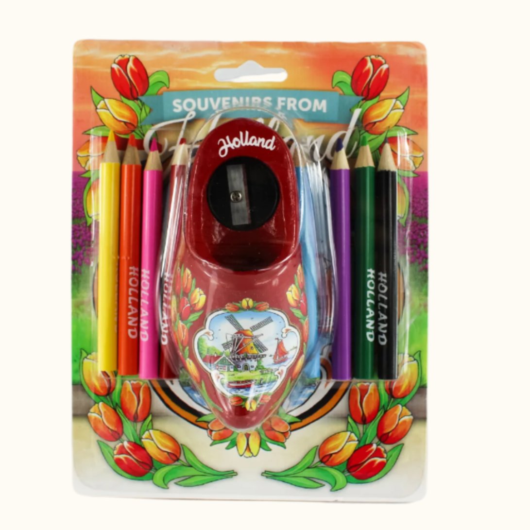 Taille-crayon rouge + crayons de couleur, sabot en bois 10,5 cm