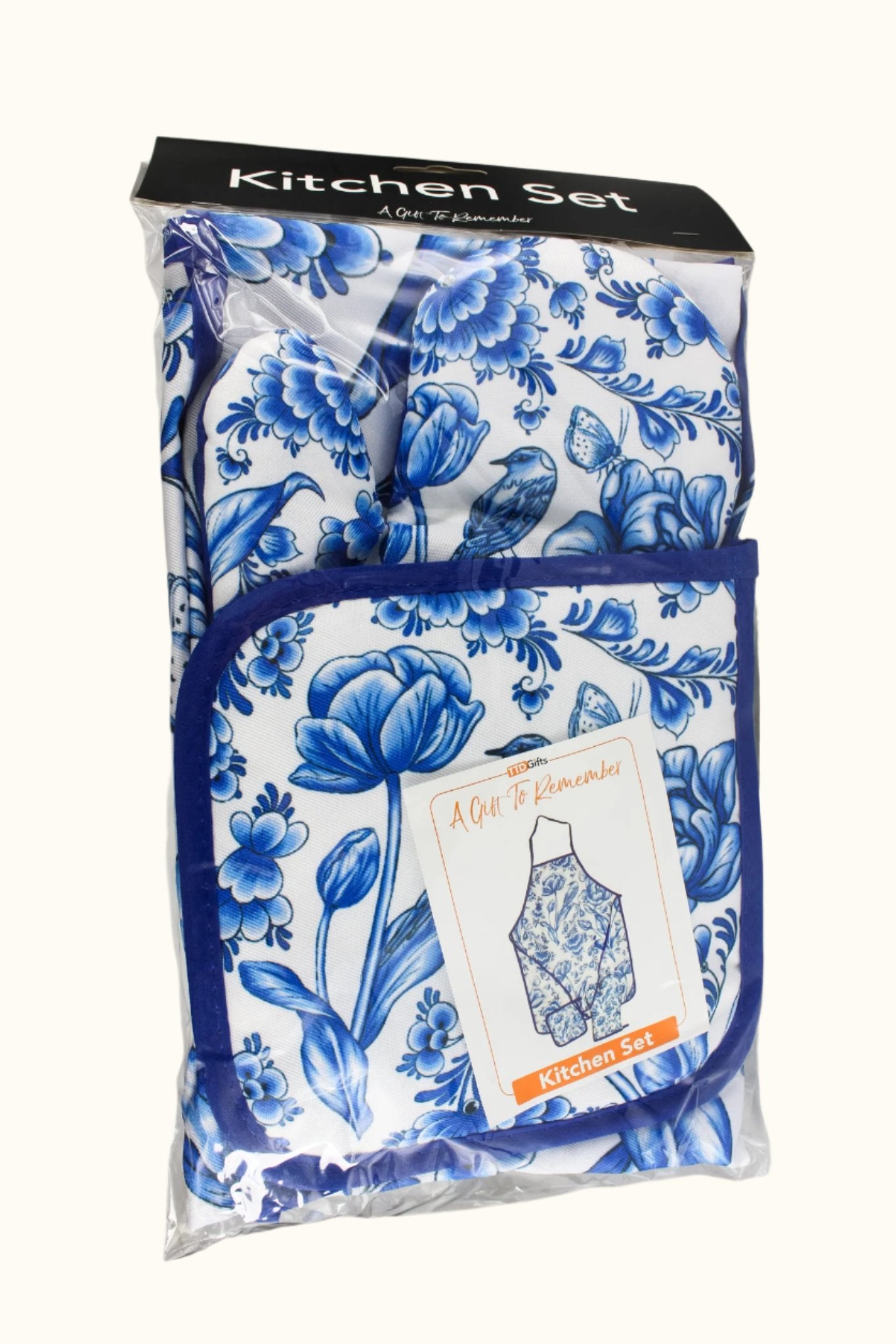 Dutch Apron, Oven Mits and Pan Holder Delft Blue Tulip