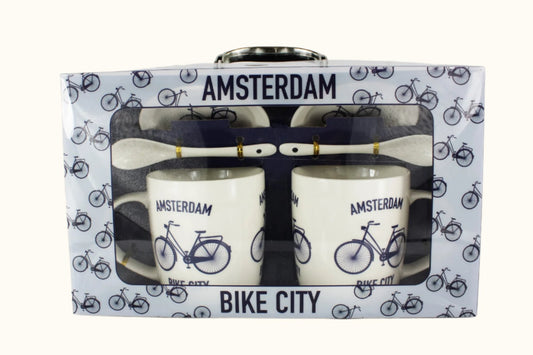 Box With 2 Mugs, Spoons and Saucers Amsterdam Bike City