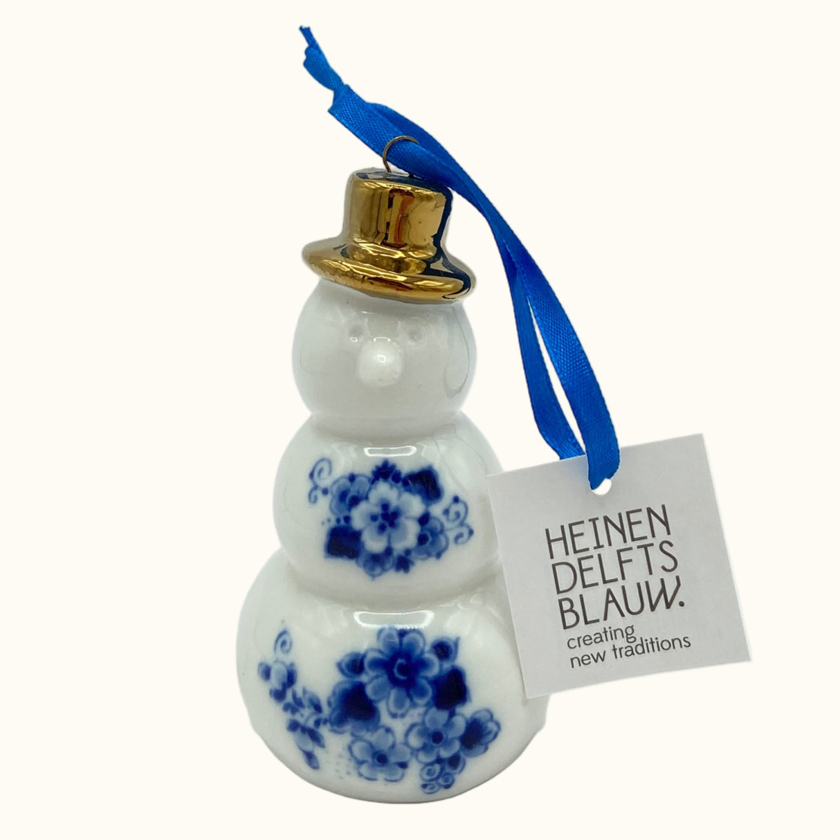 Heinen Delftsblauwe sneeuwpop met gouden hoed, 8 cm, keramisch ornament