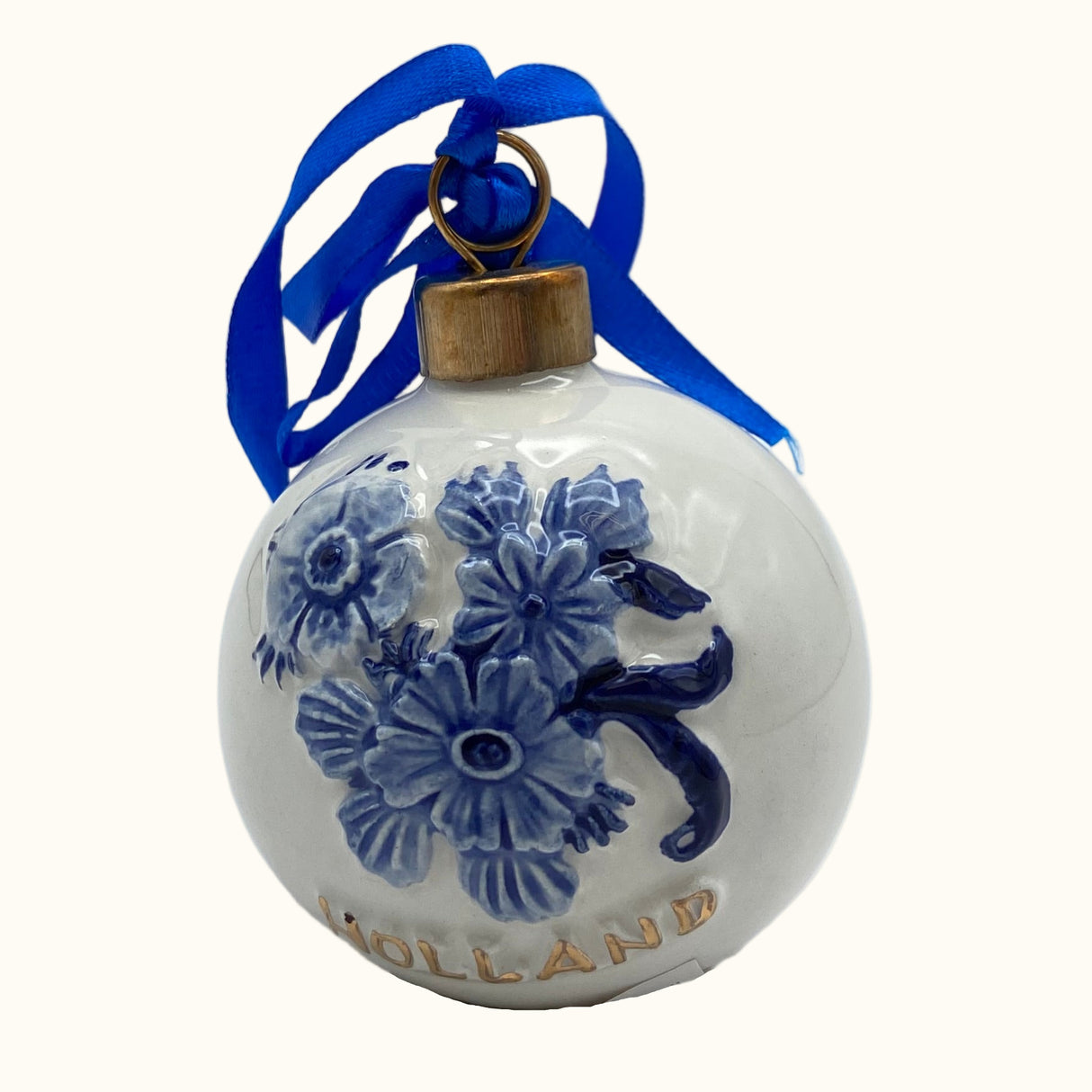 MX Bal Bloemen Delft Blauw/Goud Kerstornament 8cm Keramiek