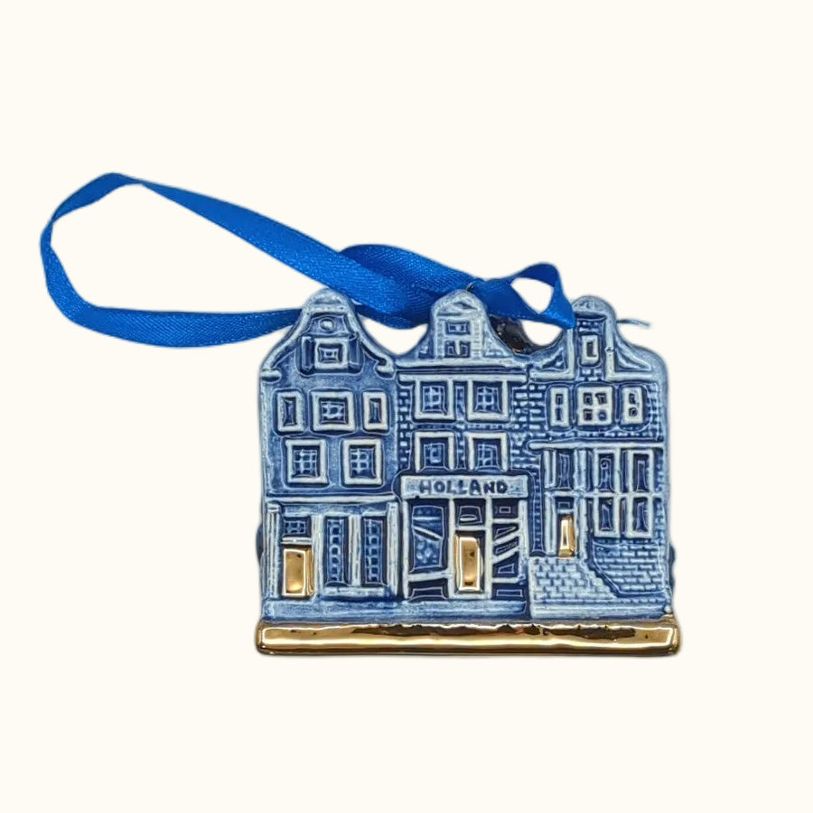 Christmas Ornament 3 Houses Delft Blue Gold