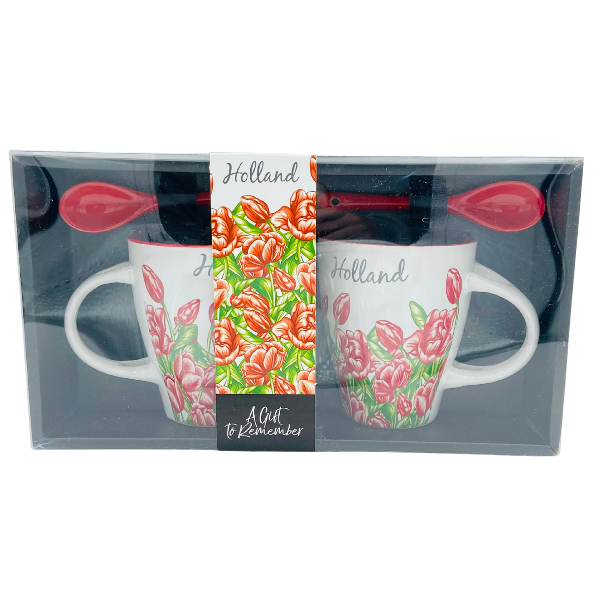 Ensemble de 2 tasses avec cuillère, motif tulipes rouges