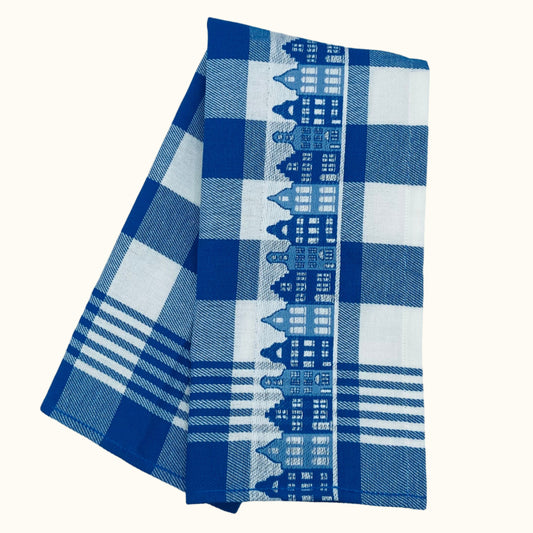 Twentse Damast Blauwe Grachtenhuisjes Theedoek 60x65cm