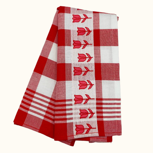 Twentse Damast Red Dutch Tulips Tea Towel 60x65cm