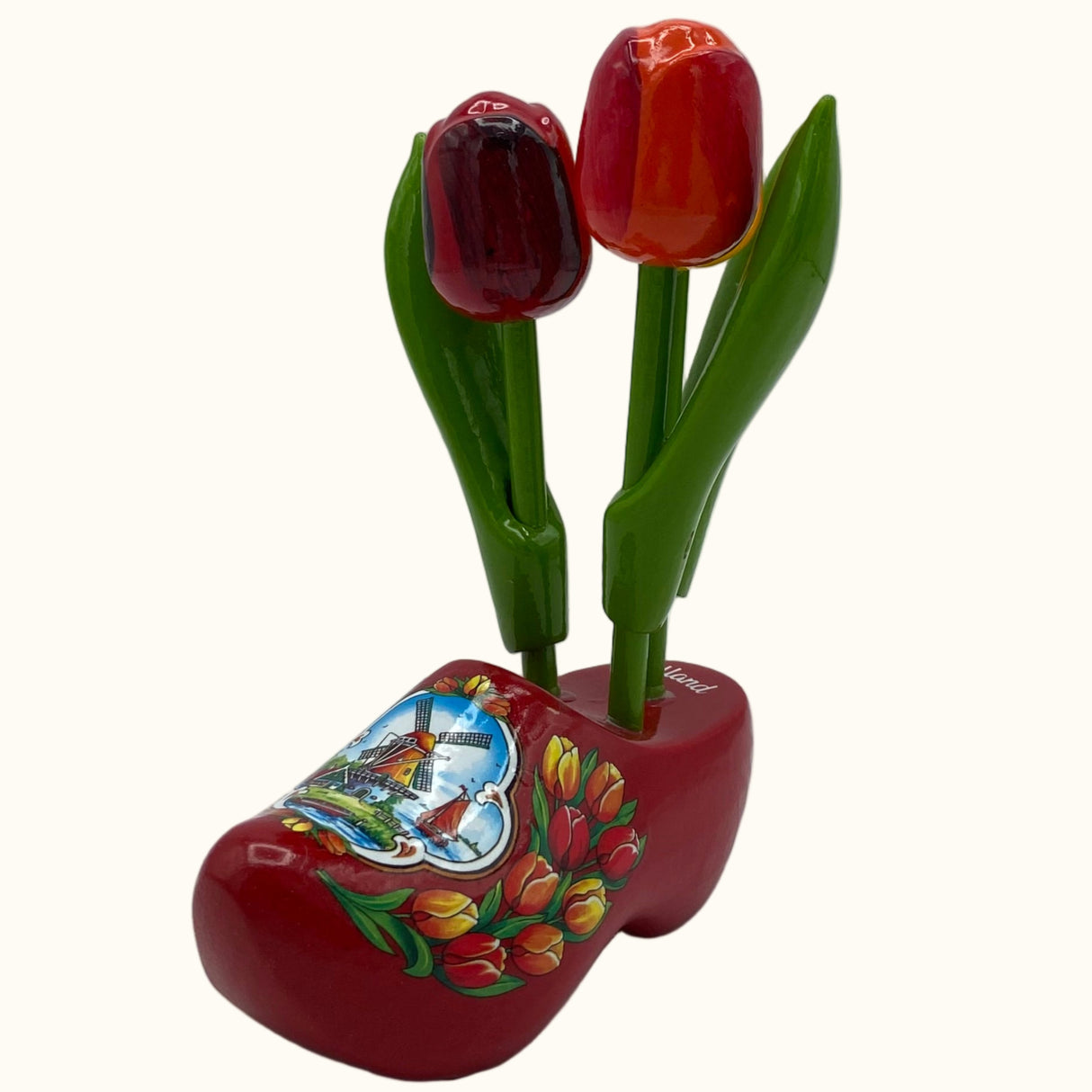 Houten klomp rood met 3 tulpen, 10 cm