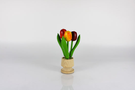 Dutch Groceries 3 small tulips in wooden jar (red yellow orange)