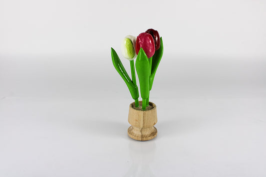 Dutch Groceries 3 small tulips in wooden jar (red pink white)