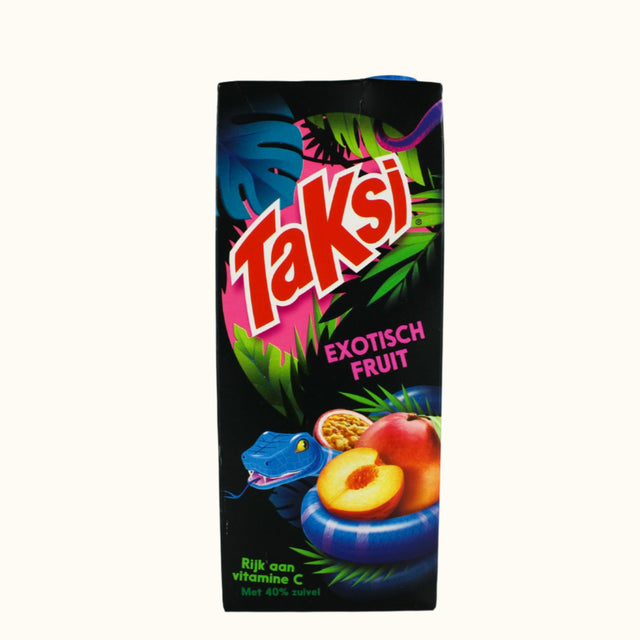 Taksi Exotisch Fruit juice box with colorful design on a white background
